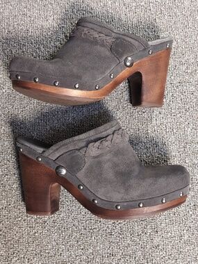 UGG Kaylee Clog Size 7.0 Grey Suede Braided Wood